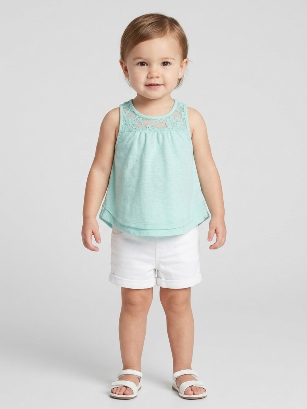DKNY Toddler Baby Girl 2-Piece White Shorts Mint Sleeveless Tunic Top 18M EUC